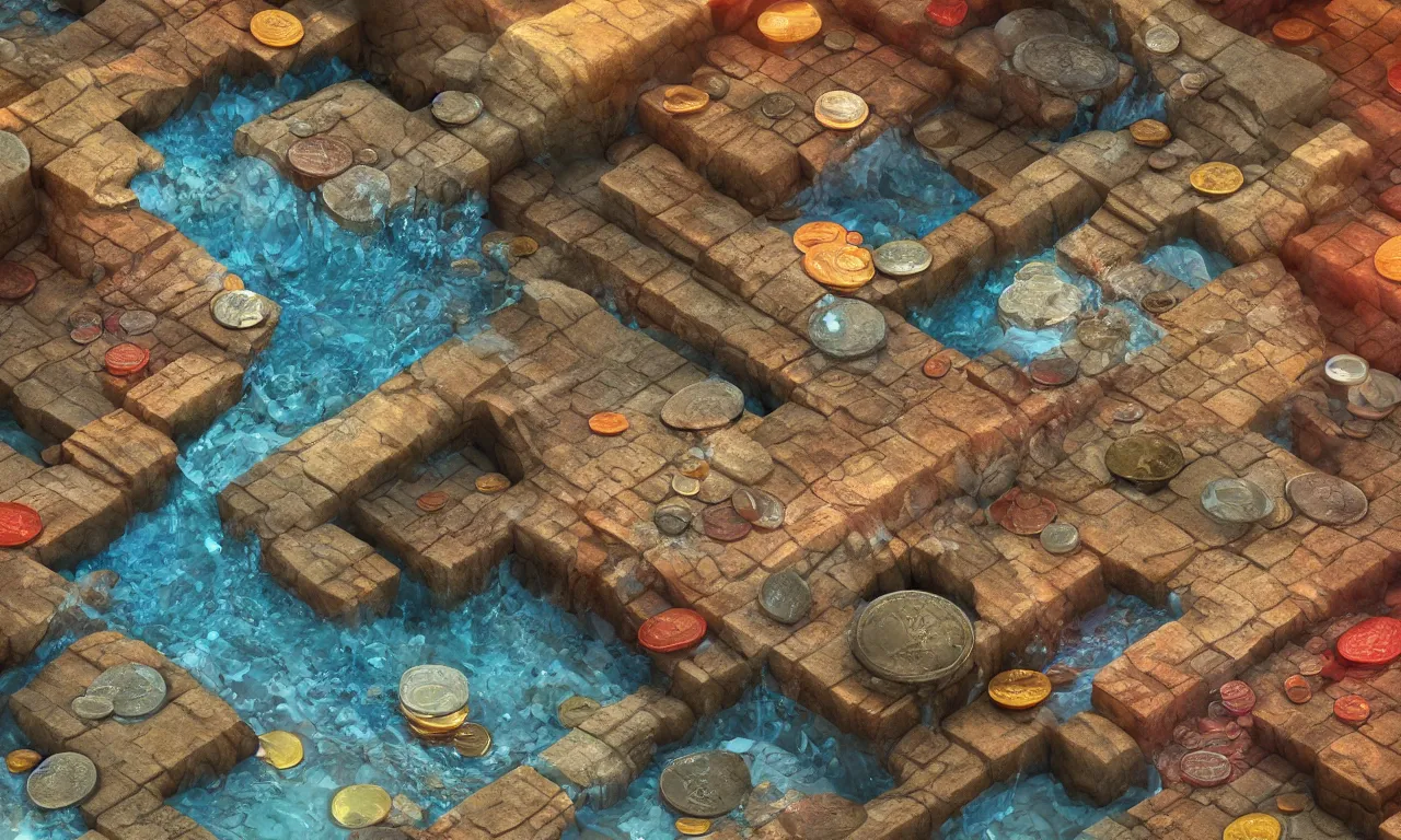 Prompt: a stream of water entering a machine made from organ shaped amphoras and producing a coin in the style of an instruction manual, medical diagram, 3d render, colourful, 8k, octane , isometric