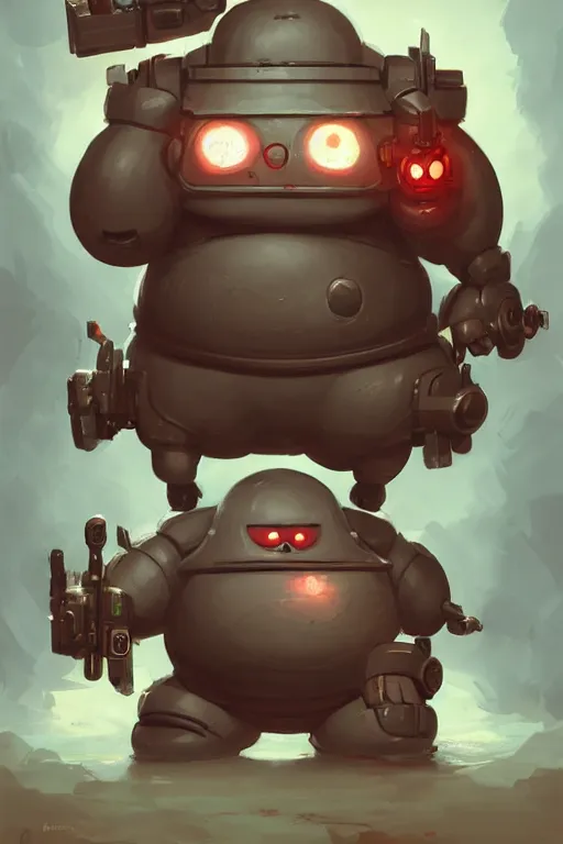 Image similar to cute fat robot with a electric machine gun, tiny, small, miniature , short, red lights, screen face, angry and adorable, fatty, DnD character art portrait, matte fantasy painting, DeviantArt Artstation, by Jason Felix by Steve Argyle by Tyler Jacobson by Peter Mohrbacher, cinematic lighting