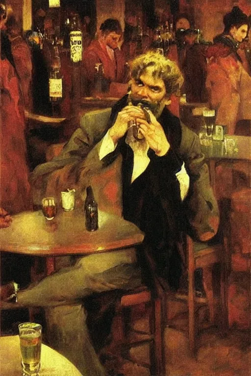 Image similar to lucifer drinking in a modern pub. art by ilya repin.