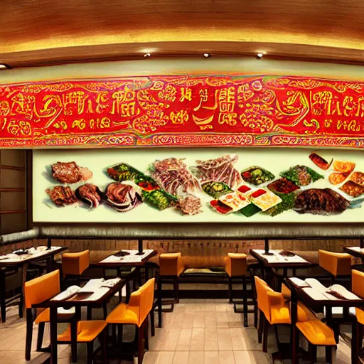 Image similar to a beautiful hyperdetailed 4 k hd wallpaper illustration interior of roasted string hotpot restaurant restaurant yan'an, wall painting, from china, with merchant logo, fine delicate structure, chinese style, victo ngai