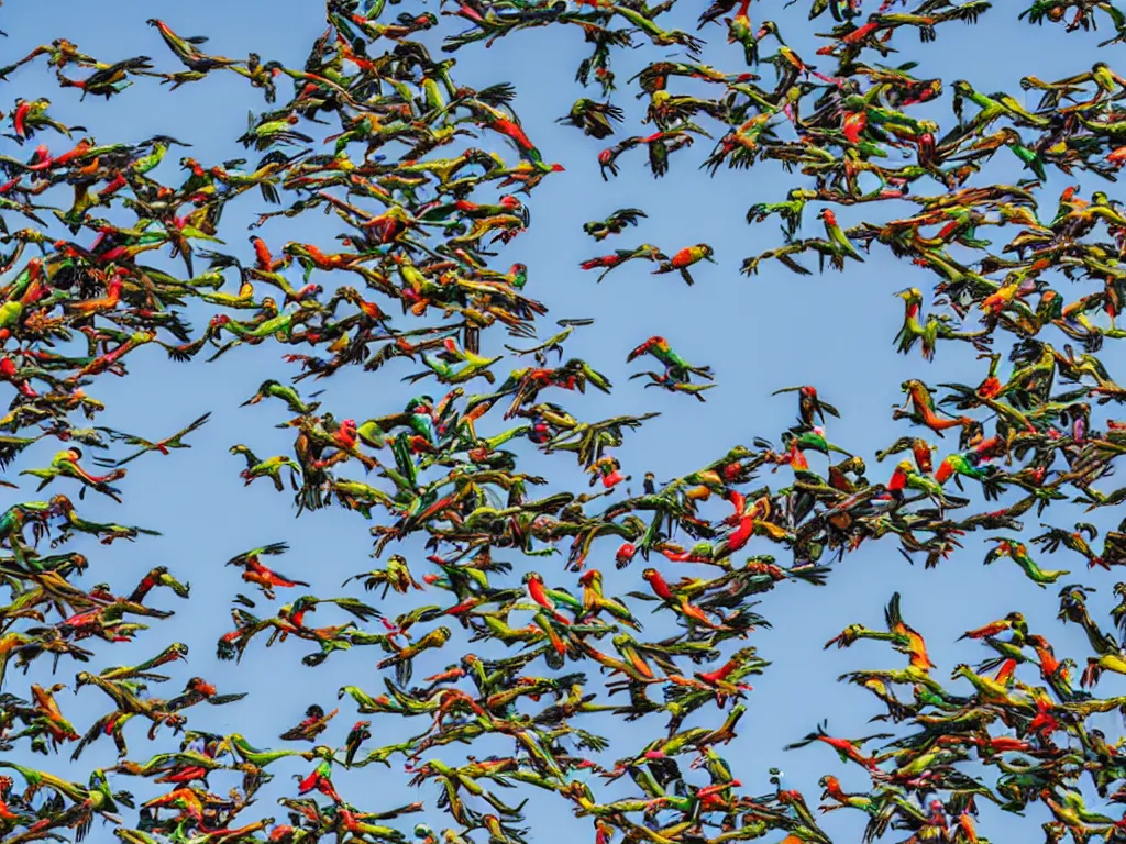 Image similar to a flock of parrots invading a shopping center