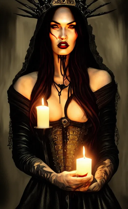Image similar to megan fox witch queen, black eyes, blood, full body, intricate victorian dress, middle shot, cinematic lighting, symmetrical eyes, caravaggio, rafael albuquerque, charlie bowater, moody lighting, candles