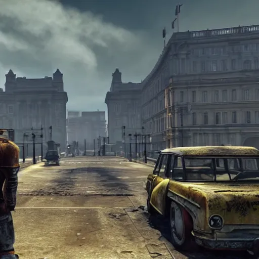 Prompt: promotional screenshot of fallout videogame set in london, visible buckingham palace