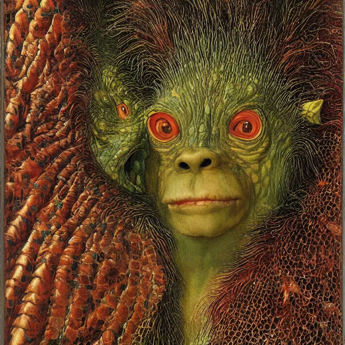Image similar to close up portrait of an mutant monster creature with proud, reptilian allure, iridescent scales, dovish feathers, diaphanous fungic protuberances. jan van eyck