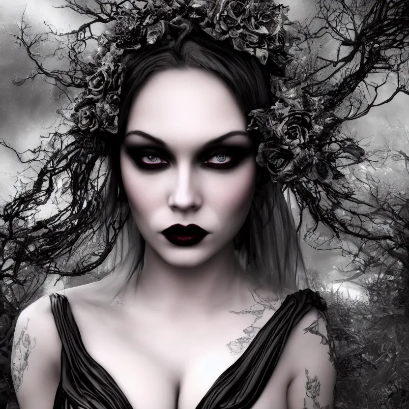 Image similar to stunning otherworldly Gothic goddess of beauty, dark and mysterious, atmospheric, ominous, eerie, cinematic, Epic, 8k, 4k, ultra detail, ultra realistic, rendered by awesomeness