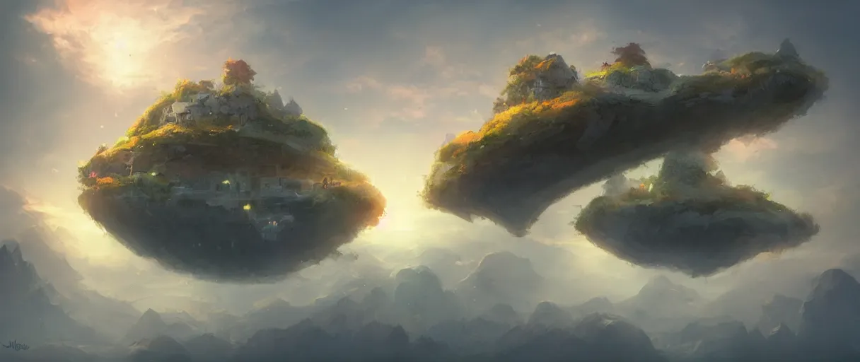 Prompt: floating islands in sky, concept art, low angle, cinematic, style of jordan grimmer