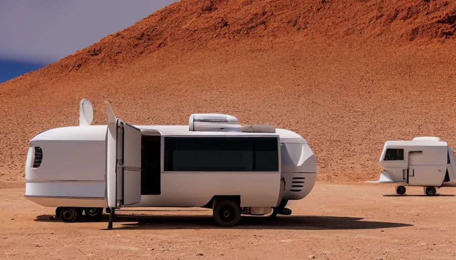 Prompt: professional photograph of a beautiful futuristic Winnebago designed by Buckminster Fuller and Zaha Hadid in a picturesque alien desert. Astronauts are camping nearby, racking focus, extreme panoramic, Dynamic Range, HDR, chromatic aberration, Orton effect intricate, elegant, highly detailed, artstation, sharp focus