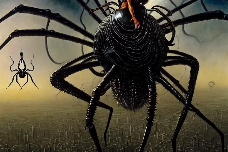 Image similar to realistic detailed closeup portrait movie shot of a beautiful black woman riding a giant spider, dystopian city landscape background by denis villeneuve, amano, yves tanguy, alphonse mucha, max ernst, ernst haeckel, caravaggio, roger dean, cyber necklace, rich moody colours, sci fi patterns, wide angle