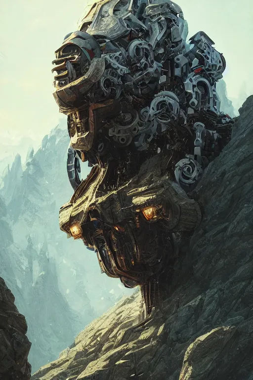 Image similar to a detailed portrait of a giant mechanical humanoid in the mountains by Greg Rutkowski, Sung Choi, Mitchell Mohrhauser, Maciej Kuciara, Johnson Ting, Maxim Verehin, Peter Konig, final fantasy, Marco lense , 8k photorealistic, cinematic lighting, HD, high details, atmospheric , trending on artstation