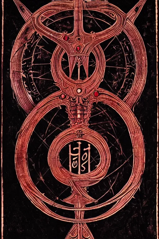 Image similar to masterpiece, symmetrical occult summoning sigil calligraphy, old stained paper texture, elegant crimson and black ink linework, by leonardo da vinci, h. r. giger, biomechanical, alchemy, monogram