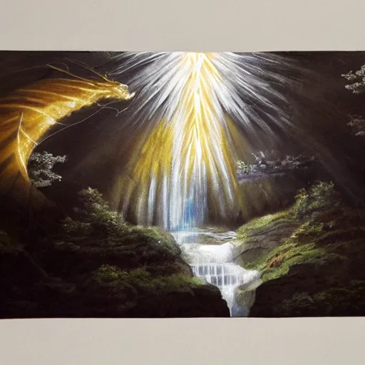 Image similar to oil painting of a dragon flying in the air near a cave with a waterfall in the center, light emanating from the waterfall leading to a big pool of water, dragon has black and white siberian tiger stripes, elegant, sharp focus, wide shot, clear, detailed, early renaissance