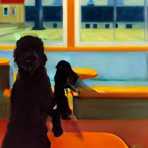 Prompt: Black Goldendoodle with a bright face and a puppy sitting at a diner drinking a cup of coffee, looking melancholy, edward hopper