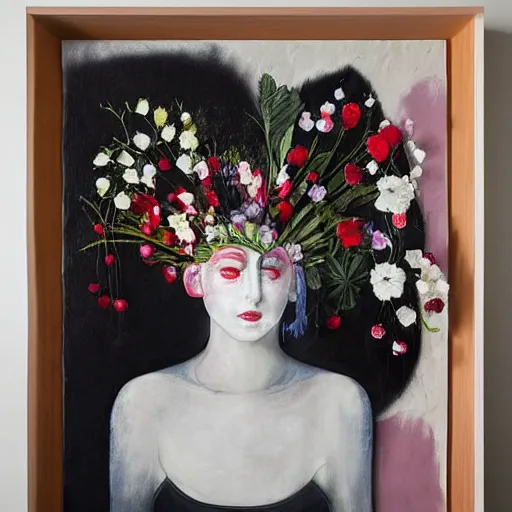 Prompt: “art in an Australian artist’s apartment, portrait of a woman wearing stained white cotton cloth, stained by fresh raspberries and strawberries and blueberries, white wax, edible flowers, Australian native white and red flowers ikebana, black walls, acrylic and spray paint and oilstick on canvas”