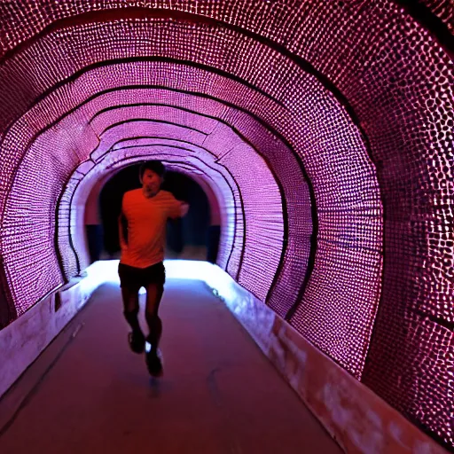 Image similar to terrified young man in a straightjacket running toward you in the Bund Sightseeing Tunnel, Shanghai, China by Alex Grey and Jeffrey Smith