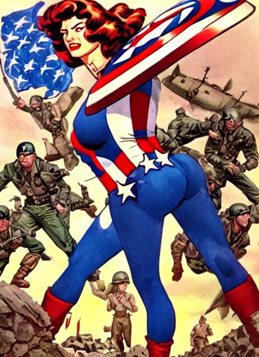 Image similar to beautiful female captain america standing on a pile of defeated, beaten and broken german soldiers. feminist captain america wins wwii. american wwii propaganda poster by james gurney and ralph bakshi. gorgeous face. overwatch.