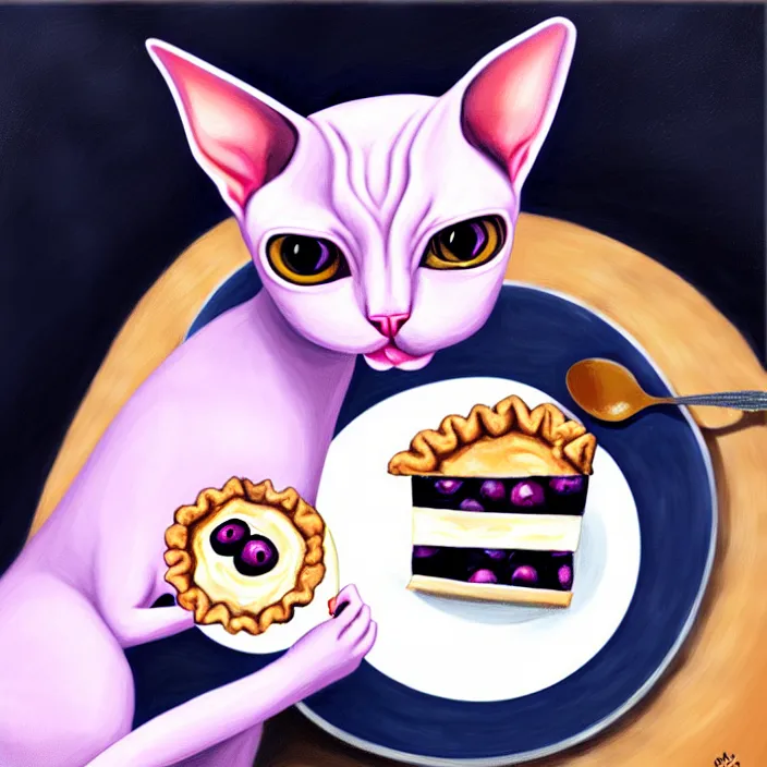 Image similar to an anthropomorphic sphynx cat fursona with big eyes eating a slice of blueberry pie, furry art, cute, oil on canvas, soft lighting