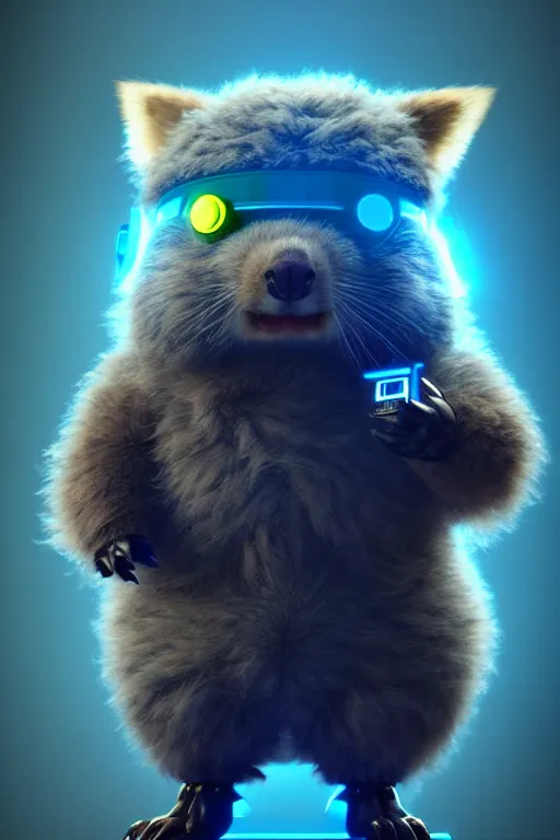 Image similar to high quality 3 d render sci - fi very cute fluffy! wombat!! cyborg soldier with futuristic mechanical parts, cyberpunk monocle!, highly detailed, unreal engine cinematic smooth, in the style of detective pikachu, hannah yata charlie immer, dark blue neon light, low angle, uhd 8 k, sharp focus