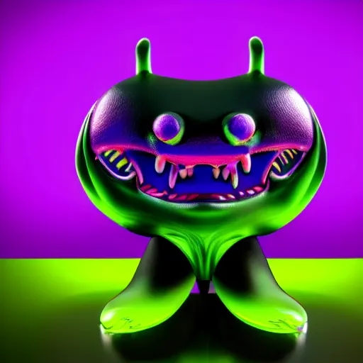 Image similar to hyperrealistic rendering eyeballs beeple claws fangs sofubi, studio lighting, colored gels, colored background, black, lime, violet, explode