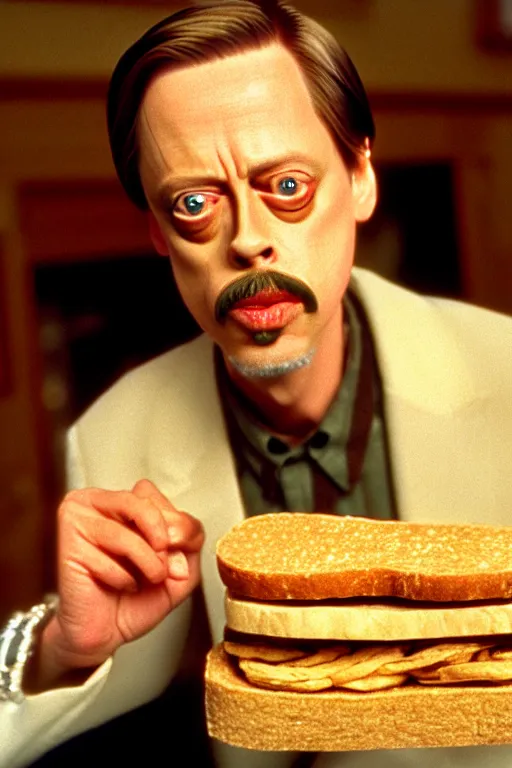 Image similar to film still of steve buscemi made out of bread in the royal tenenbaums, 4 k