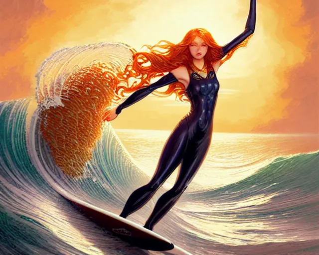 Image similar to beautiful ginger surfer is surfing on a surfboard in a sea of pasta, art nouveau, fantasy, intricate pasta waves, elegant, highly detailed, sharp focus, action art by artgerm and greg rutkowski and wlop