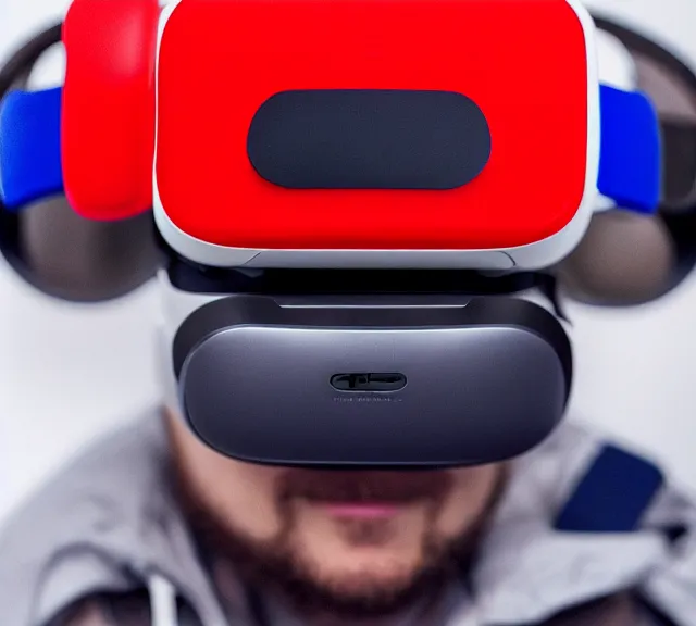 Prompt: a 4 k photorealistic photo product photo of a nintendo red and blue vr headset.