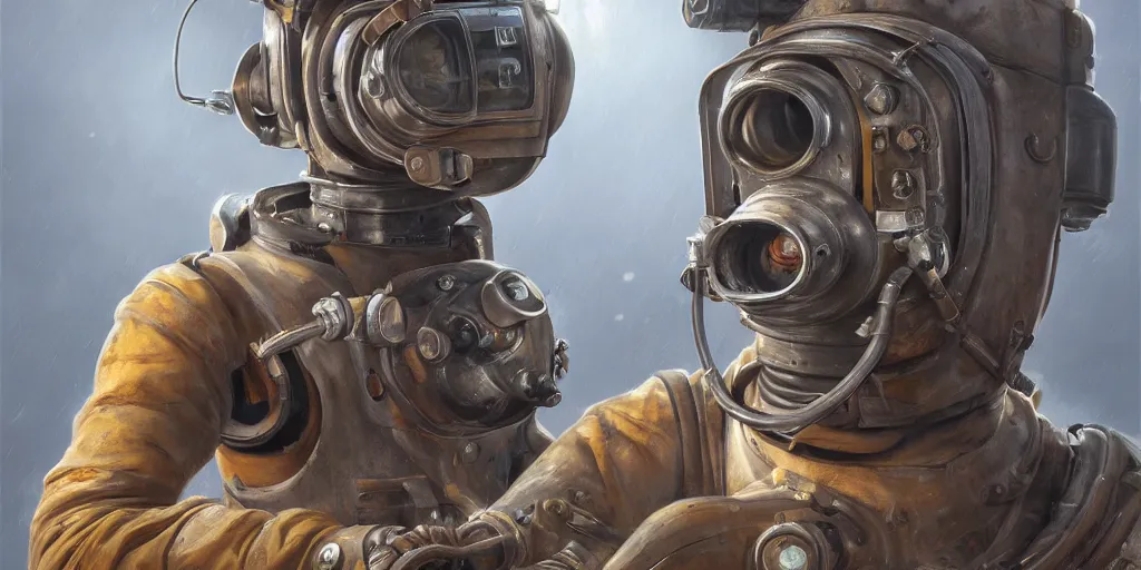 Image similar to highly detailed portrait painting of welder in atmospheric diving suit, mono eyed, window, by eddie mendoza and tyler edlin, windows, 8 k resolution