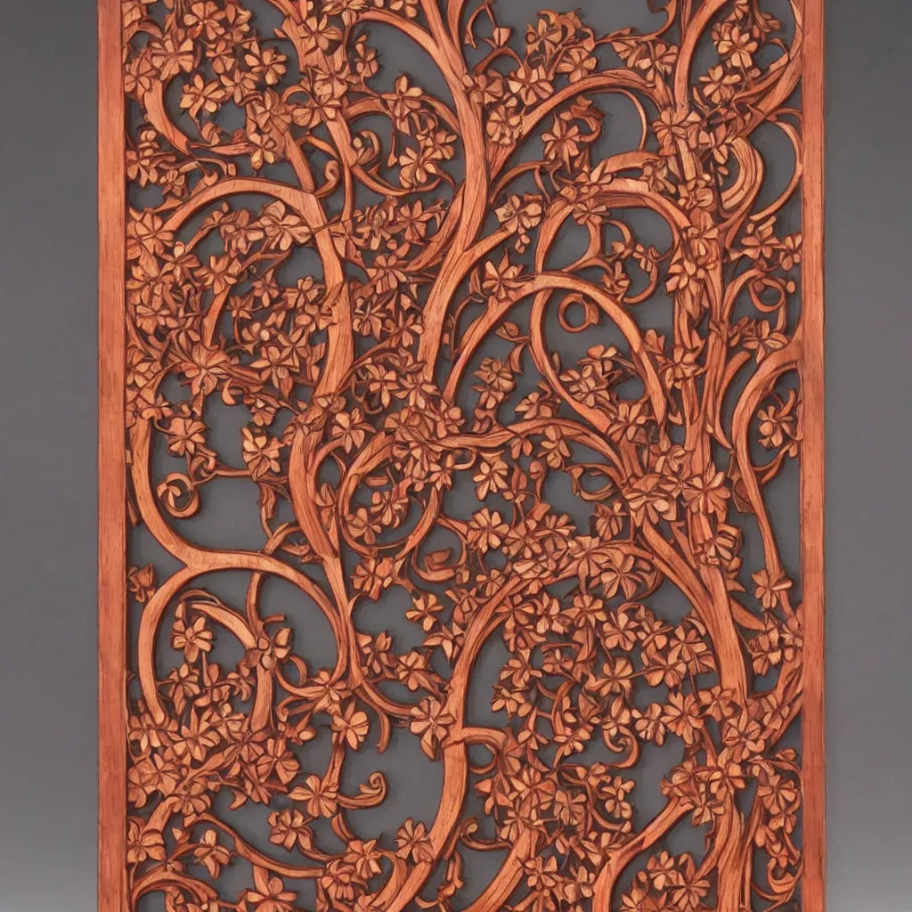 Image similar to a 3 d wooden mahogany art nouveau carved sculpture of a delicate sakura tracery pattern, intricate and highly detailed, well - lit, ornate, realistic, polished with visible wood grain