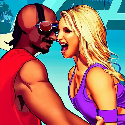 Image similar to SNES graphics playing Xbox 360 but it's a Sega Genesis making out with Britney Spears making out with Snoop Dogg in GTA, cover art by Stephen Bliss, artstation