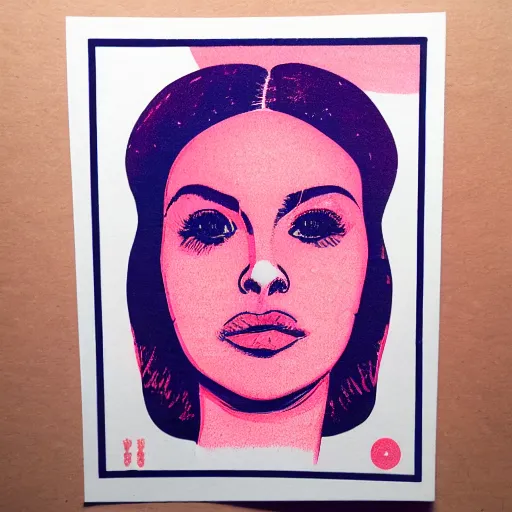 Image similar to a risograph of a beautiful woman, symmetrical