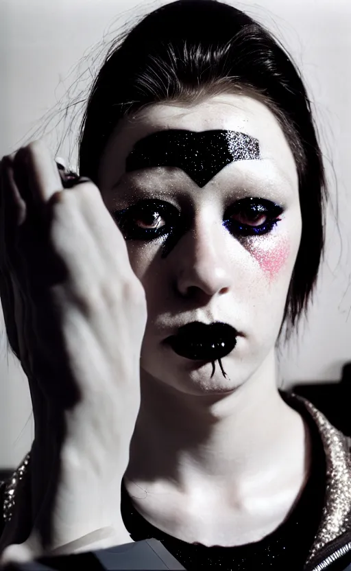 Prompt: cinestill 5 0 d candid photographic portrait by stanley kubrick of a feminine man wearing rugged black techwear and glitter goth makeup looking in the bathroom mirror, cramped new york apartment, extreme closeup, retrofuturism cyberpunk emotional cinematic, light and shadows, 8 k, hd, high resolution, 3 5 mm, f / 3 2, ultra realistic faces