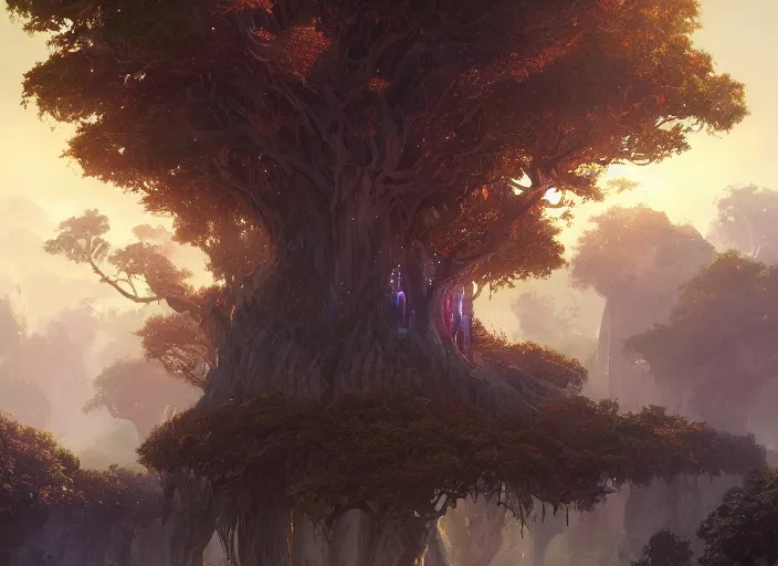 Image similar to The Mana Tree, a fantasy digital painting by Greg Rutkowski and James Gurney, trending on Artstation, highly detailed