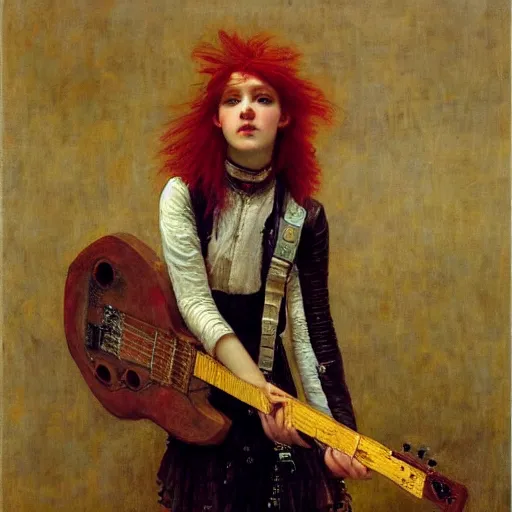 Image similar to Redhead punk girl wearing punk leather jacket playing electric guitar at dusk, oil painting by Lawrence Alma-Tadema and Fernanda Suarez and Edgar Maxence, masterpiece