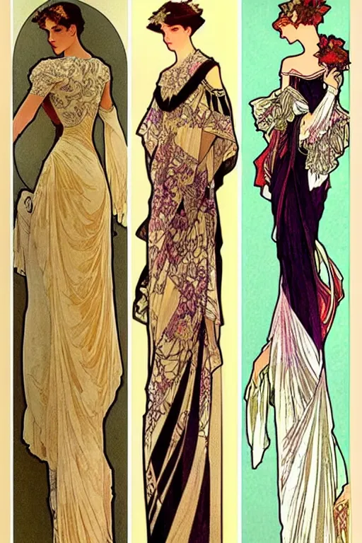 Image similar to 4 elegant full length dress designs with natural history prints designed by alphonso mucha