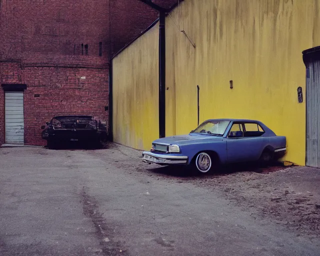 Prompt: beautiful minimalistic realistic color Fuji velvia photograph, abandoned cars park in a quiet alley by langdon clay, VSCO film grain