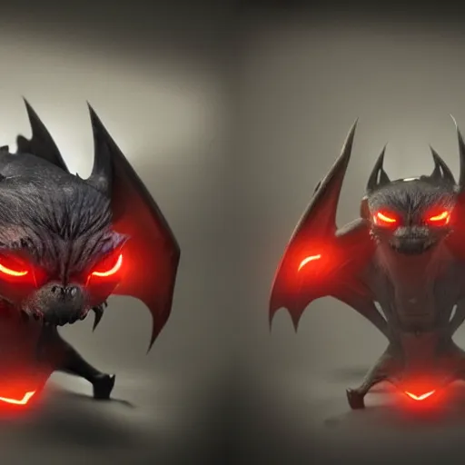 Image similar to front and back character view of scary giant mutant dark blue humanoid bat, glowing red eyes flying above a stormy ocean, sharp teeth, acid leaking from mouth, realistic, giant, bat ears, bat nose, bat claws, bat wings, furred, covered in soft fur, detailed, trending on artstation clean concept art and sheet that using unreal engine 5 render and hyper detailed 3D texture with cinematic software light 85mm f/1.4