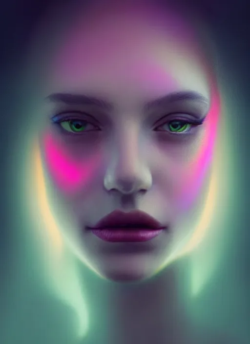 Prompt: an ethereal, misty portrait of a woman whose face is accented with neon - toned glowing eyeliner. the makeup floats off her face and joins swirling clouds of smoke and fog, becoming an aurora. muted tones. surreal portrait, cinematic lighting, 8 k, smooth, sharp focus, digital painting, rendered in octane, painted by tom bagshaw, artgerm