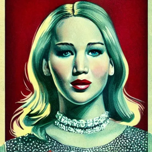 Image similar to “jennifer Lawrence portrait, color vintage magazine illustration 1950”