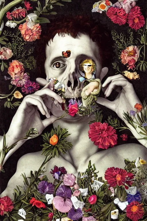 Prompt: a man lays in a bed of flowers and bones, he has large eyes and lips and feels an existential dread of love, HD Mixed media collage, highly detailed and intricate, surreal illustration in the style of Caravaggio, baroque dark art