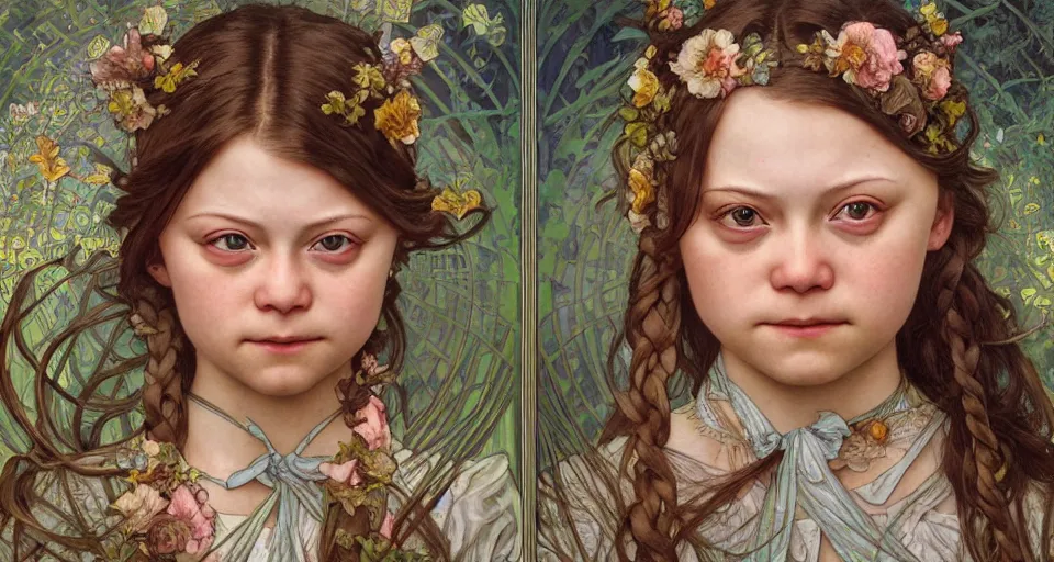 Prompt: highly detailed portrait of greta thunberg in the style of nicoletta ceccoli, by alphonse mucha, ayami kojima, yoshitaka amano, charlie bowater, karol bak, greg hildebrandt, jean delville, and mark brooks, 4 k resolution