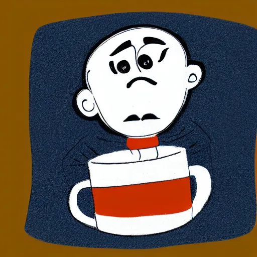 Prompt: cartoon illustration of a pillow character with two button eyes and two hands holding a coffee cup