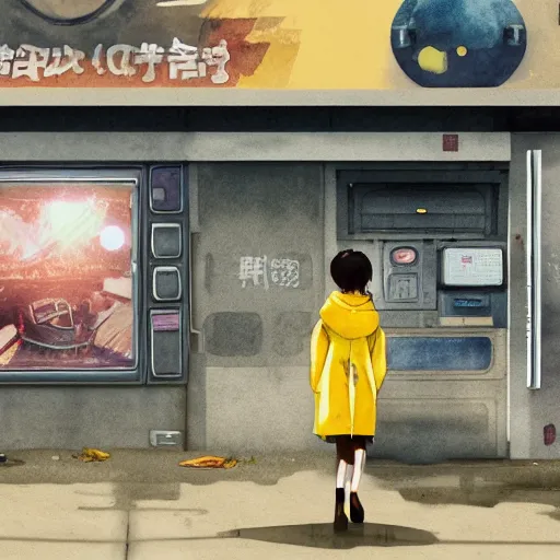 Image similar to incredible wide screenshot, ultrawide, simple watercolor, rough paper texture, ghost in the shell movie scene, backlit distant shot of girl in a parka running from a giant robot invasion side view, yellow parasol in deserted dusty shinjuku junk town, broken vending machines, bold graphic graffiti, old pawn shop, bright sun bleached ground, mud, fog, dust, windy, scary robot monster lurks in the background, ghost mask, teeth, animatronic, black smoke, pale beige sky, junk tv, texture, brown mud, dust, tangled overhead wires, telephone pole, dusty, dry, pencil marks, genius party, shinjuku, koji morimoto, katsuya terada, masamune shirow, tatsuyuki tanaka hd, 4k, remaster, dynamic camera angle, deep 3 point perspective, fish eye, dynamic scene