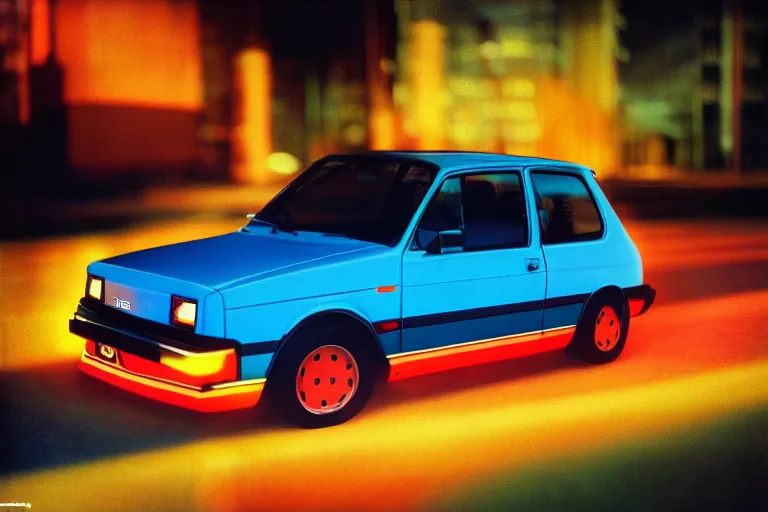 Image similar to stylized poser of a single 1985 Volkwagen GTI, thick neon lights, ektachrome photograph, volumetric lighting, f8 aperture, cinematic Eastman 5384 film