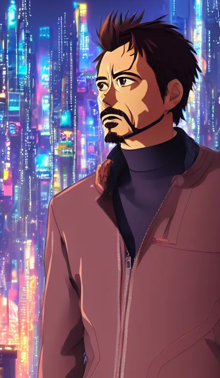 Image similar to anime fine details portrait of Tony Stark in front of cyberpunk moder city landscape on the background deep bokeh, close-up view, anime masterpiece by Studio Ghibli. 8k, sharp high quality anime, artstation