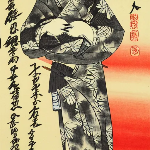 Image similar to japanese ink painting of a japanese woman holding a koi fish in her hands, with bamboo trees, a mountain and a deep red sun in the background