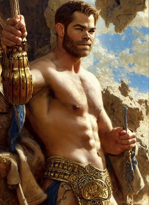 Prompt: gladiator chris pine, roman baths painting by gaston bussiere, craig mullins, j. c. leyendecker