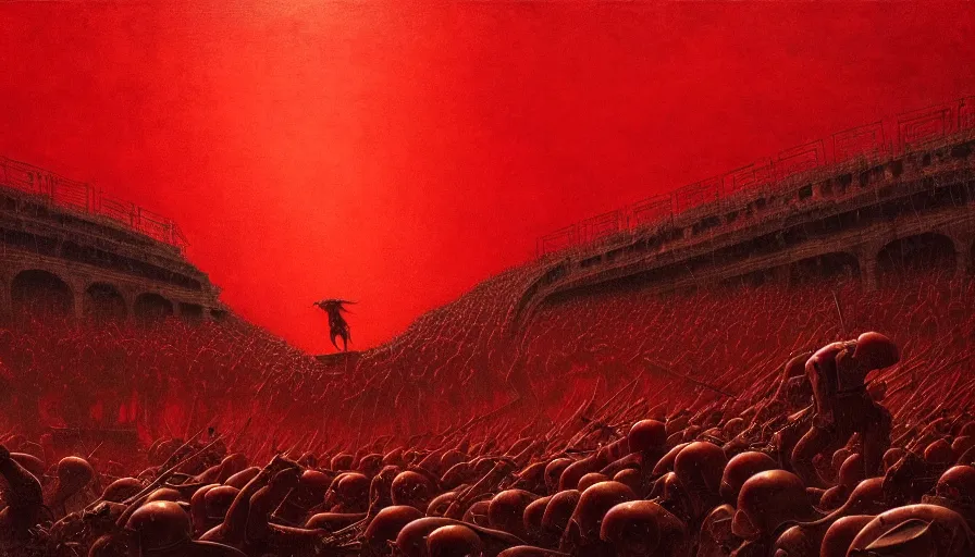 Image similar to only with red, bloody gladiator battle in a crowded roman amphitheatre, crowd cheering, in the style of beksinski and edward hopper and rodcenko and yue minjun and greg rutkowski, intricate and epic composition, red by caravaggio, highly detailed, masterpiece, red light, artstation, art nouveau