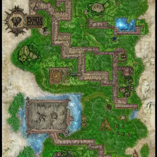 Image similar to dungeon map concept d & d forest, lake, village and build. hyper detailed