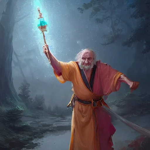 Prompt: Old man with exquisite colored robes, Holding a staff with a crystal at the top, casting a spell, fantasy, D&D, 4k, ultra detailed, by Greg_Rutkowski and Viktor Antonov