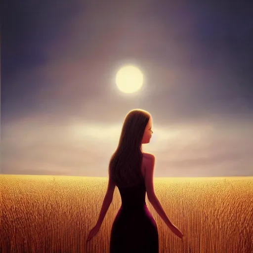 Image similar to close-up shot, a beautiful painting of a girl in a airy semi-transparent thin light dress standing in the glowing wheat fields, mystical setting, afternoon sun, long shadows, photo from the back, by Mark Ryden, Felix Kelly, trending on artstation