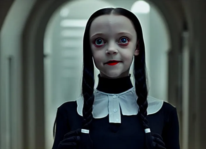 Image similar to film still of wednesday addams in the new scifi movie, 4 k